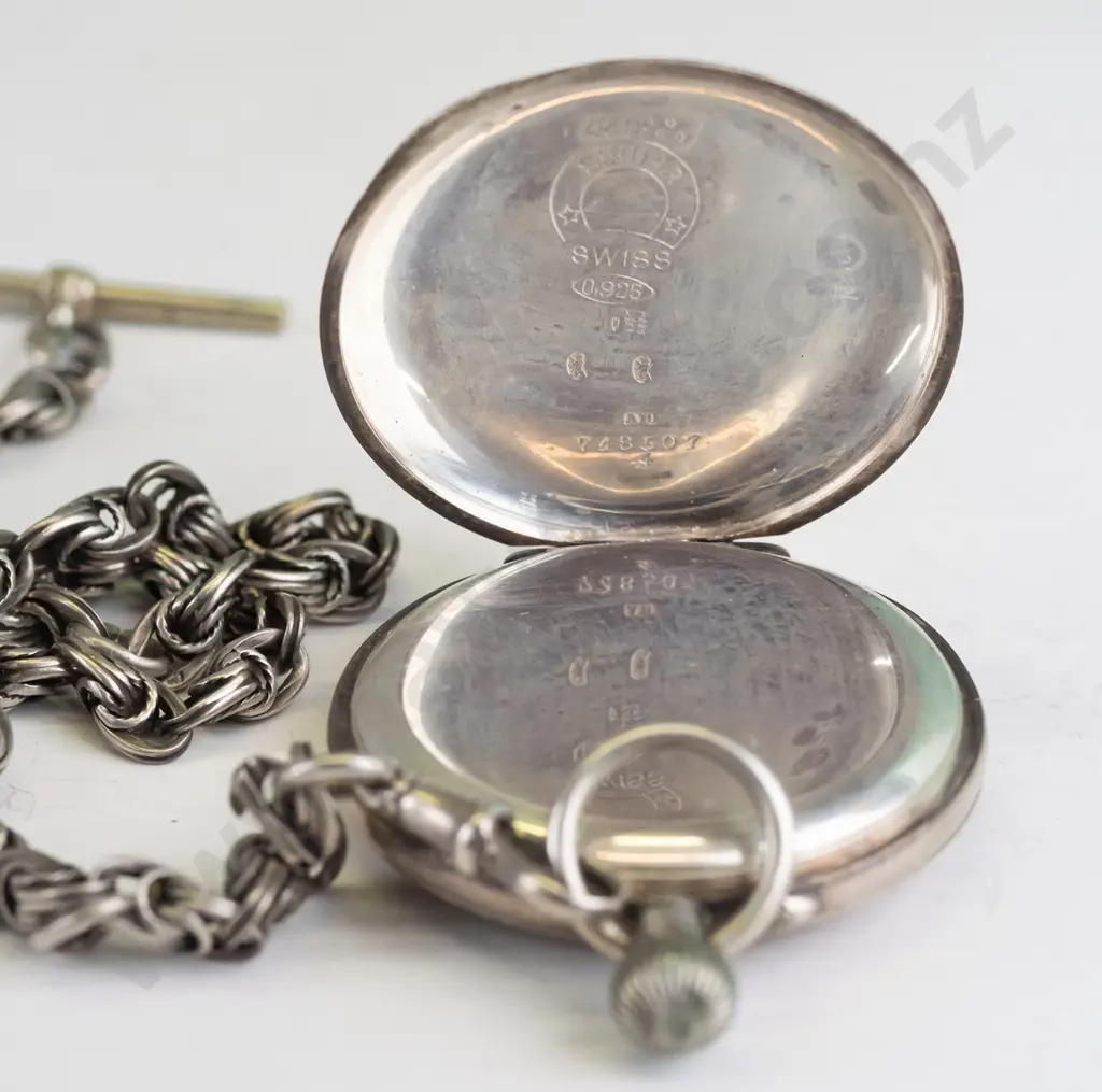 sterling silver Swiss pocket watch with fob chain Prince of Wales knot link & T-bar, lion and bear  - goingcharms Image 1++