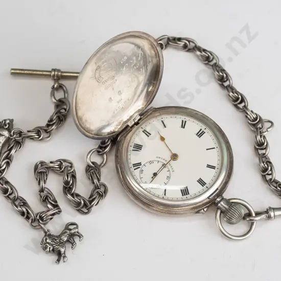 sterling silver Swiss pocket watch with fob chain Prince of Wales knot link & T-bar, lion and bear  - goingcharms