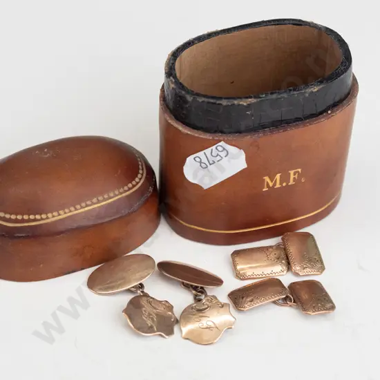 2 pairs of cufflinks - 9ct rose gold shield / oval 4.5 gms & 9ct rose gold rectangular 4.3 gms