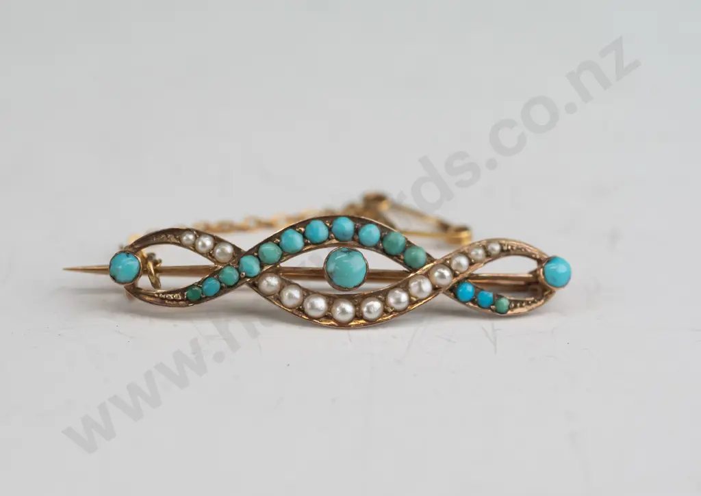 9ct turquoise & faux pearl brooch Image 1++