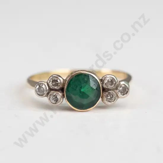 18ct natural emerald & 6 diamond antique ring 2.9gm - size S