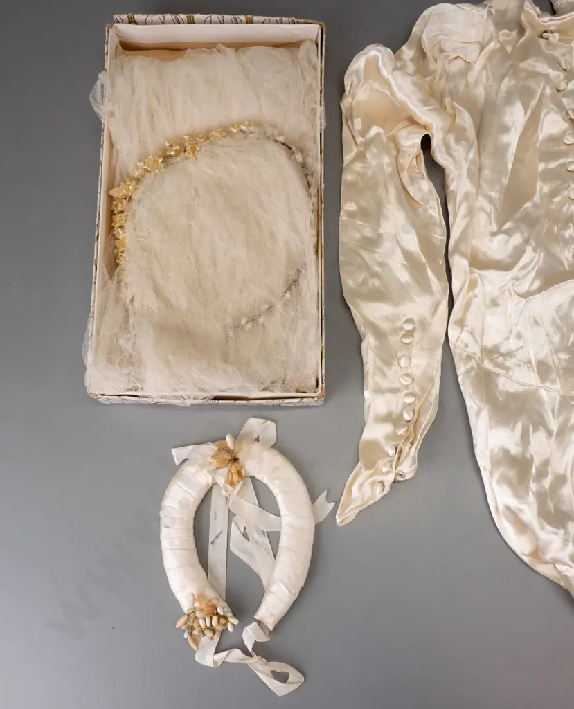 1930s ivory silk wedding dress with headpiece & veil - dress has very long train, fabric wrinkled from storage, veil Image 1++
