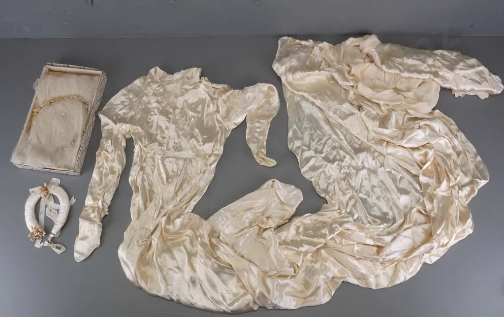 1930s ivory silk wedding dress with headpiece & veil - dress has very long train, fabric wrinkled from storage, veil Image 1++