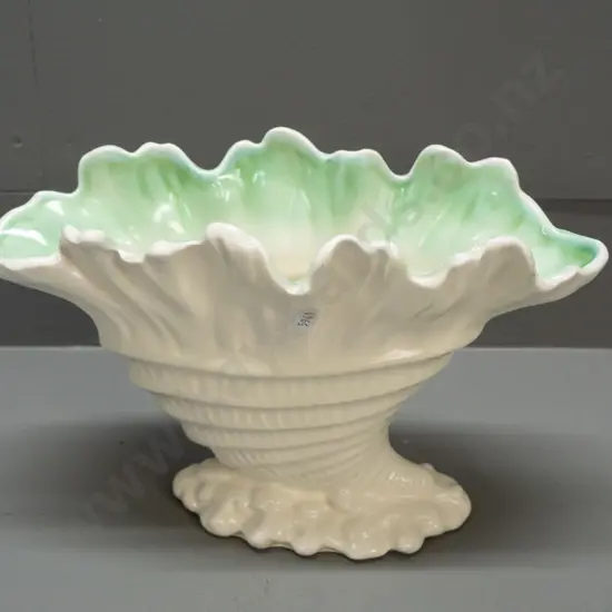 Sylvac scalloped edge shell shaped vase - cream with green interior rim, some crazing overall H-185 L-300
