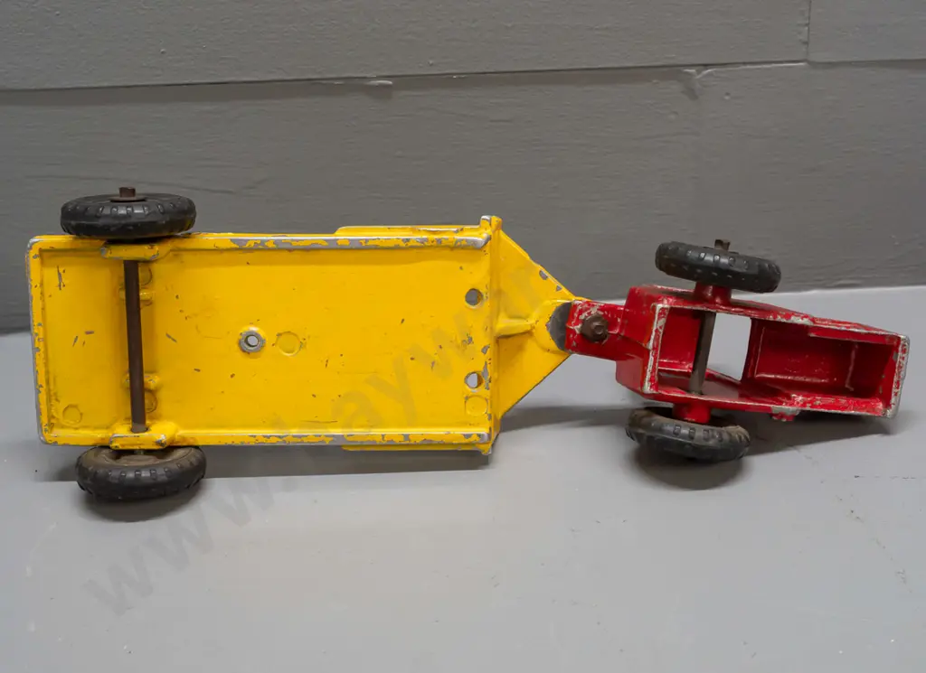 vintage cast alloy 2-wheel tractor with attached trailer - no maker's marks, has paint wear and hole in trailer where Image 1++