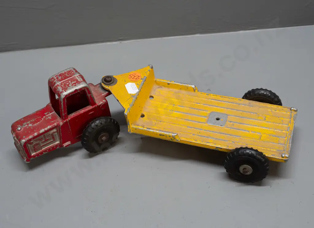 vintage cast alloy 2-wheel tractor with attached trailer - no maker's marks, has paint wear and hole in trailer where Image 1++