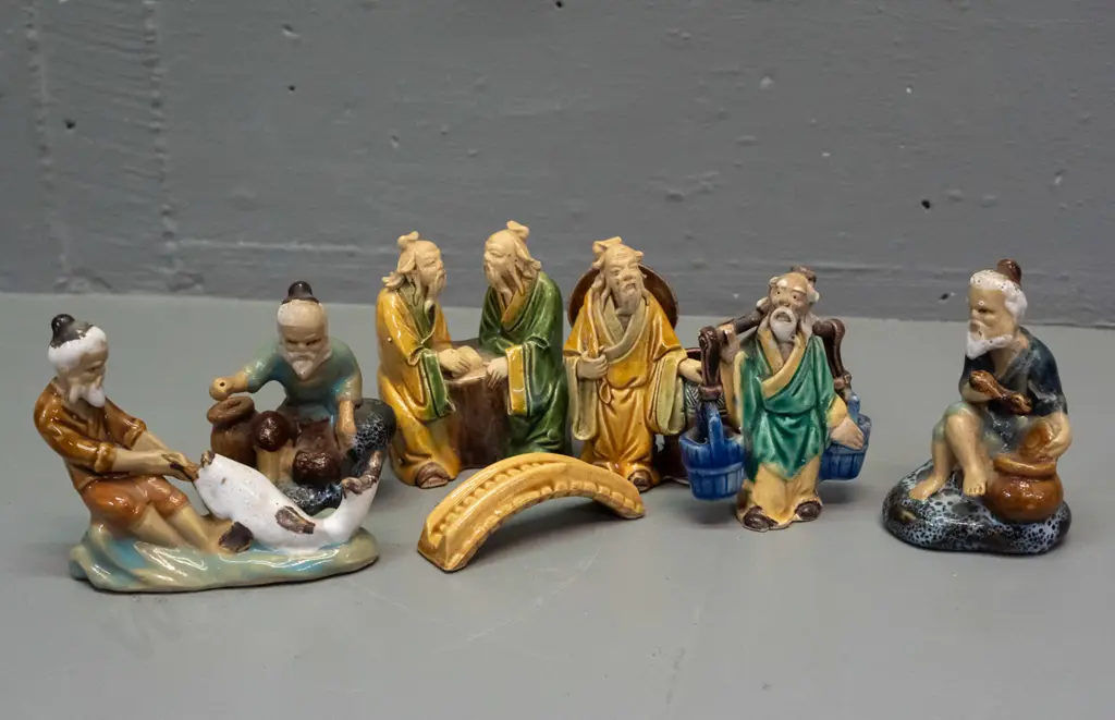 6 small Chinese earthenware "mud men" figures and a small bridge piece - one fisherman missing a pole. Largest H80 W60 Image 1++
