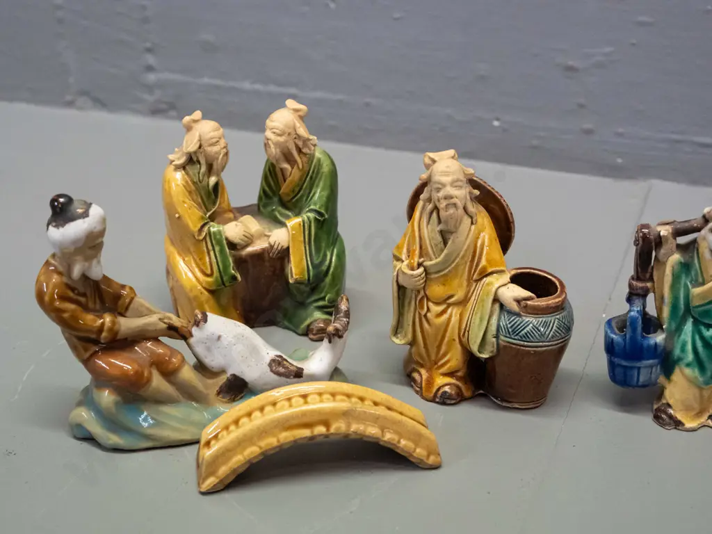 6 small Chinese earthenware "mud men" figures and a small bridge piece - one fisherman missing a pole. Largest H80 W60 Image 1++