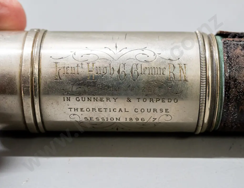 antique Ross London 2-section telescope with ornate 1896-7 prize inscription - some age wear and denting. Closed L-440 Image 1++