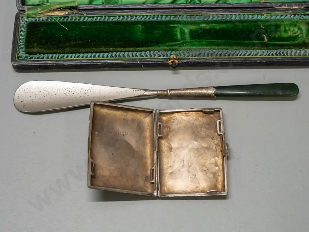 vintage cased shoe-horn with greenstone handle & sterling silver collar and a hallmarked & monogrammed sterling silver Image 1++