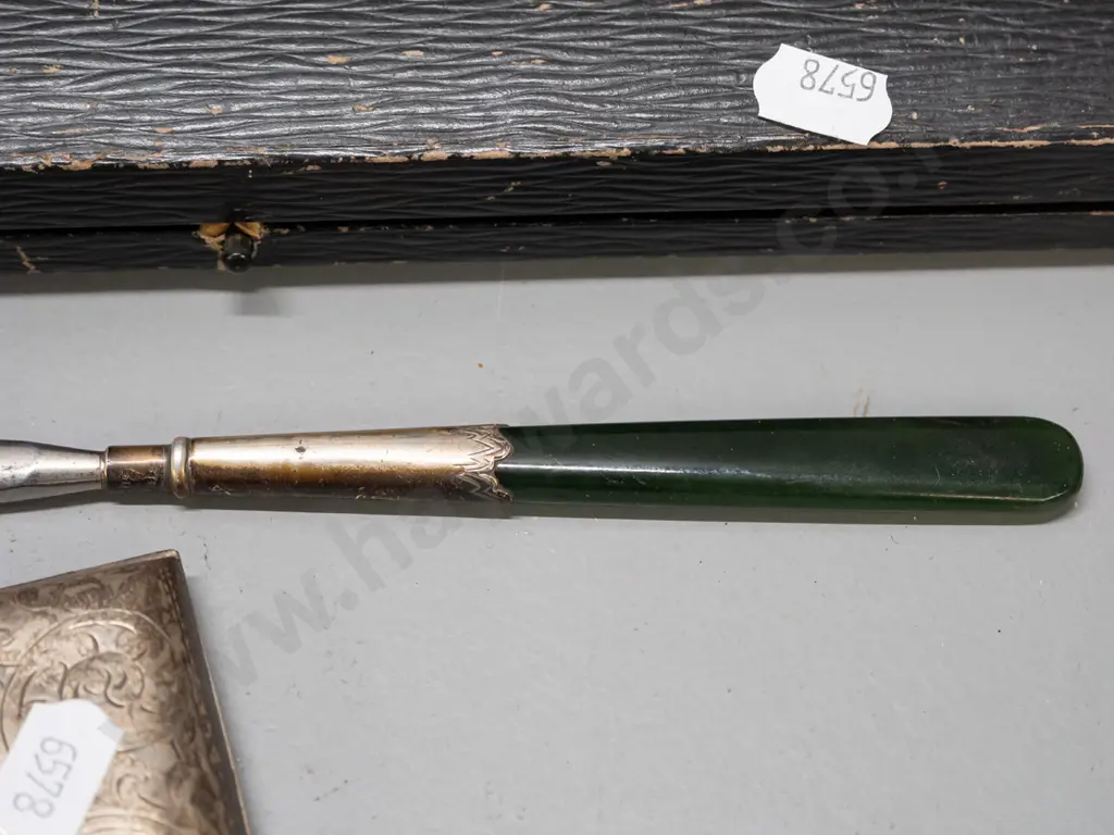 vintage cased shoe-horn with greenstone handle & sterling silver collar and a hallmarked & monogrammed sterling silver Image 1++