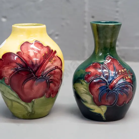 2 small Moorcroft floral vases with paper labels - both approx. H-95
