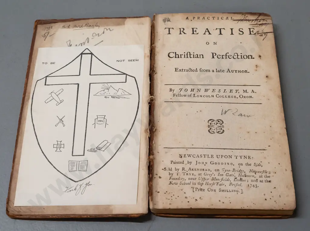 antique book - John Wesley - Treatise of Christian Perfection, 1743 - damage to binding, foxing and staining Image 1++