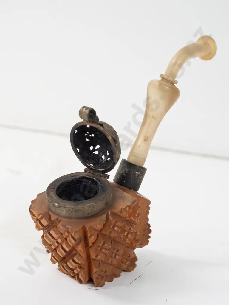 vintage carved wood and horn smoker's pipe with pierced metal hinged cap, no maker's marks H-120 L-100 Image 1++