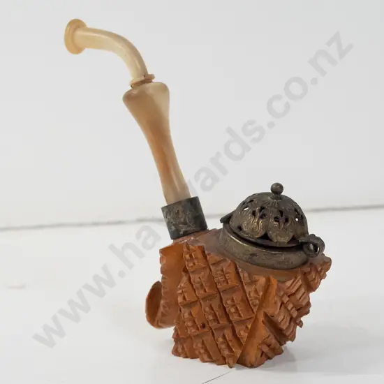 vintage carved wood and horn smoker's pipe with pierced metal hinged cap, no maker's marks H-120 L-100