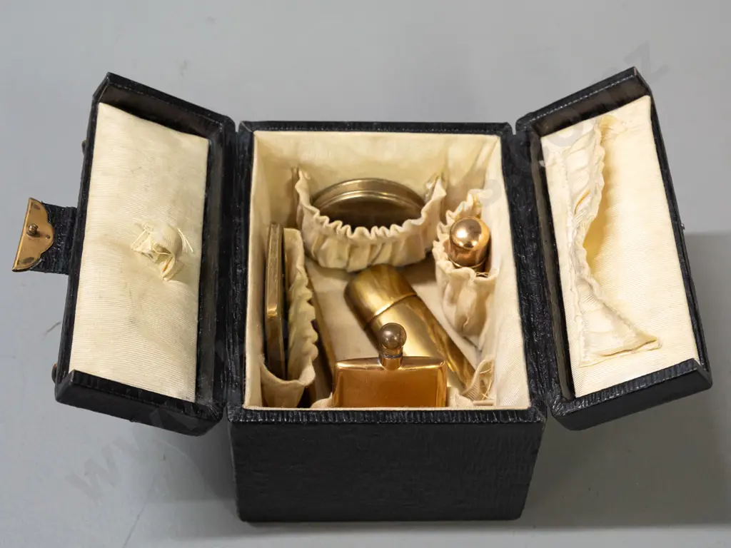 vintage fitted & lined travelling case with double hinged lids, with propelling pencil, comb, bevelled mirror, scent Image 1++