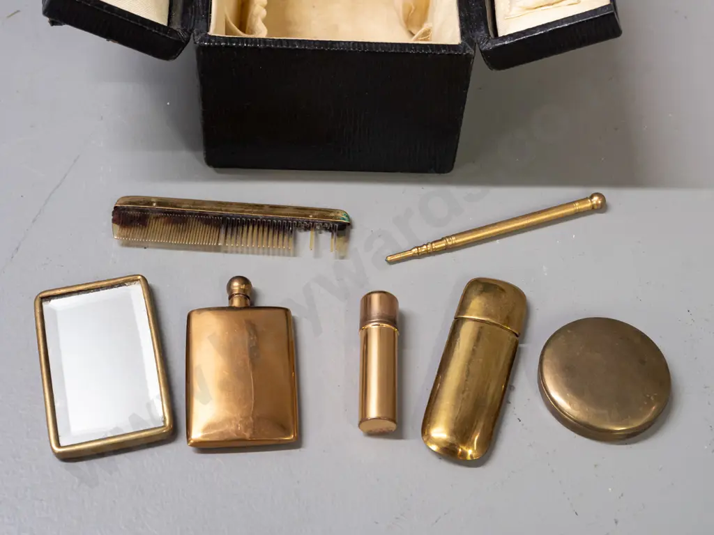 vintage fitted & lined travelling case with double hinged lids, with propelling pencil, comb, bevelled mirror, scent Image 1++