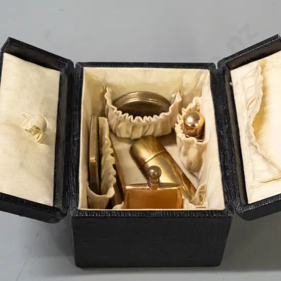 vintage fitted & lined travelling case with double hinged lids, with propelling pencil, comb, bevelled mirror, scent