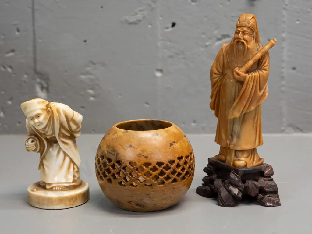 4 Chinese ornaments - carved soapstone bowl & standing figure H-145 and a composite or fired porcelain stooping figure. Image 1++