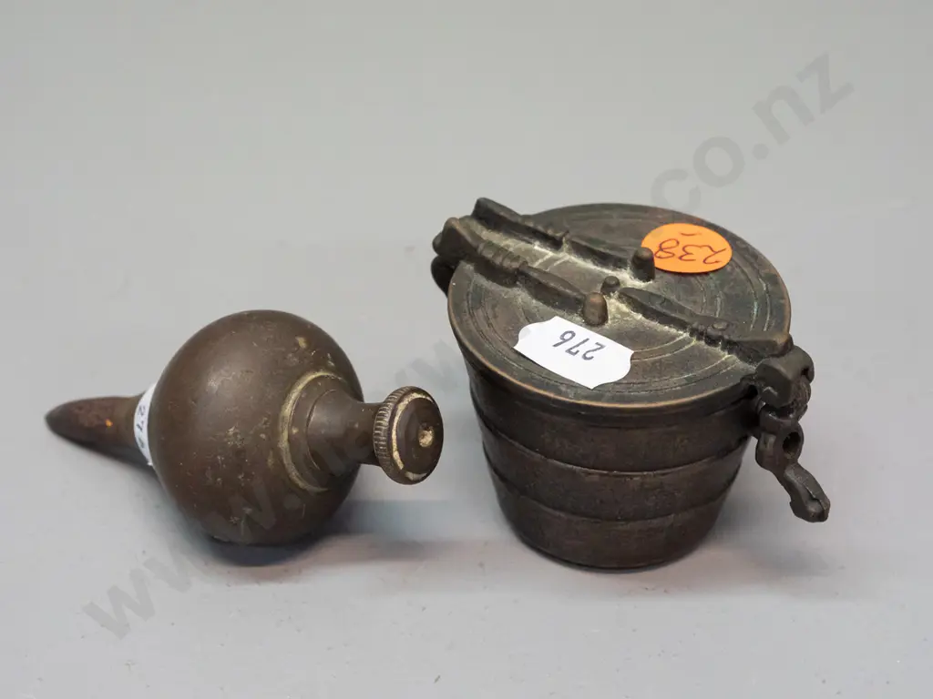 2 brass items - set of nesting bucket weights with intricate detailing on lid and a vintage plumb bob L-90 - some minor Image 1++