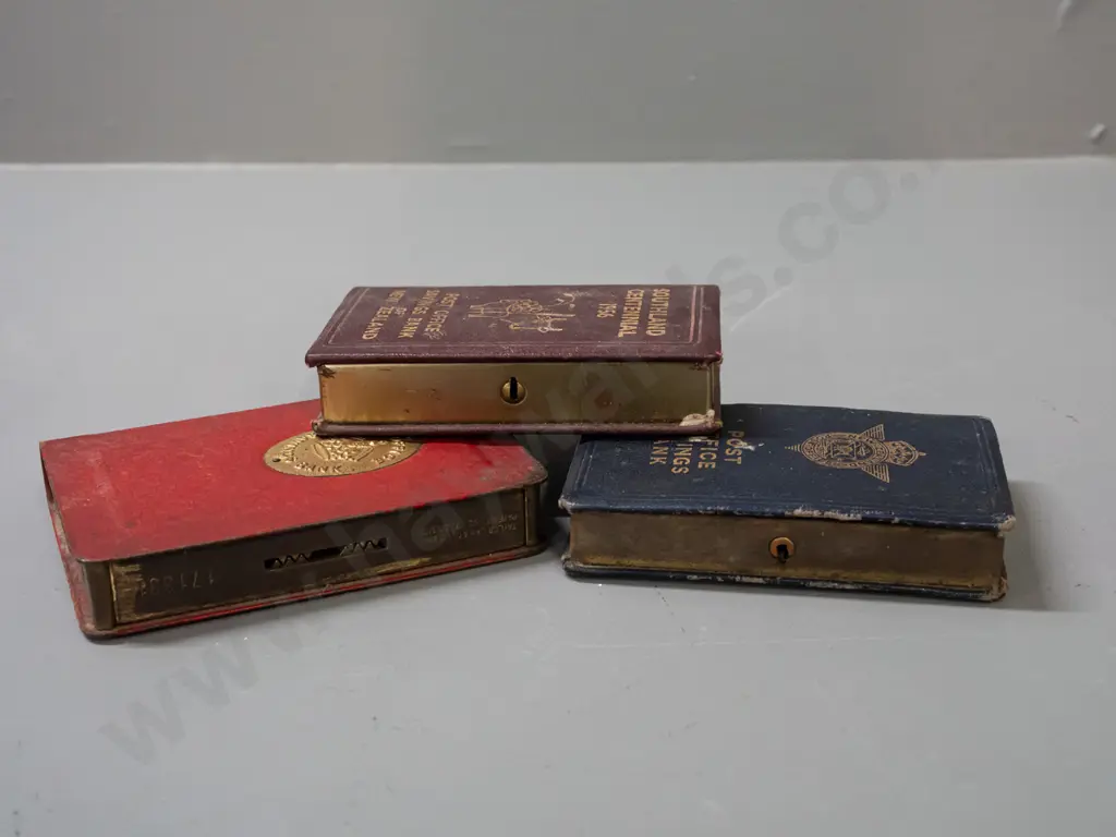 3 post office savings bank money banks - one marked 1956 Southland Centennial, all have wear & tear, larger is H130 W90 Image 1++