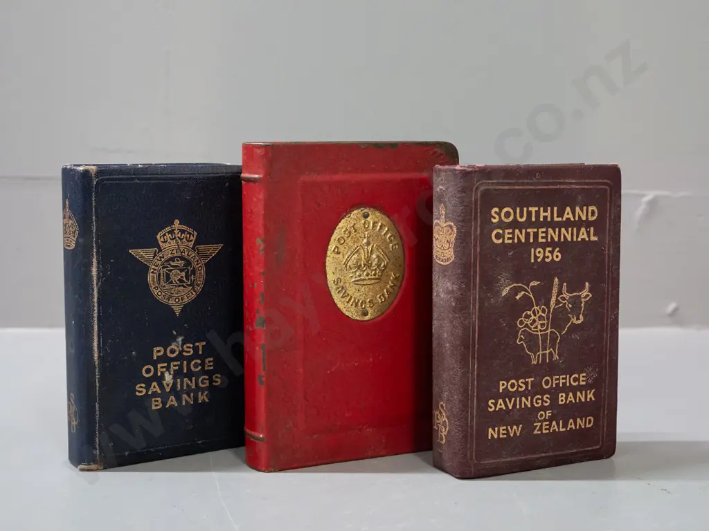 3 post office savings bank money banks - one marked 1956 Southland Centennial, all have wear & tear, larger is H130 W90 Image 1++