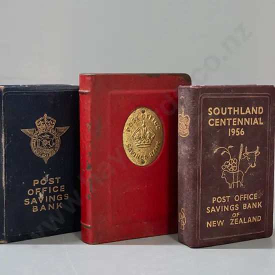 3 post office savings bank money banks - one marked 1956 Southland Centennial, all have wear & tear, larger is H130 W90