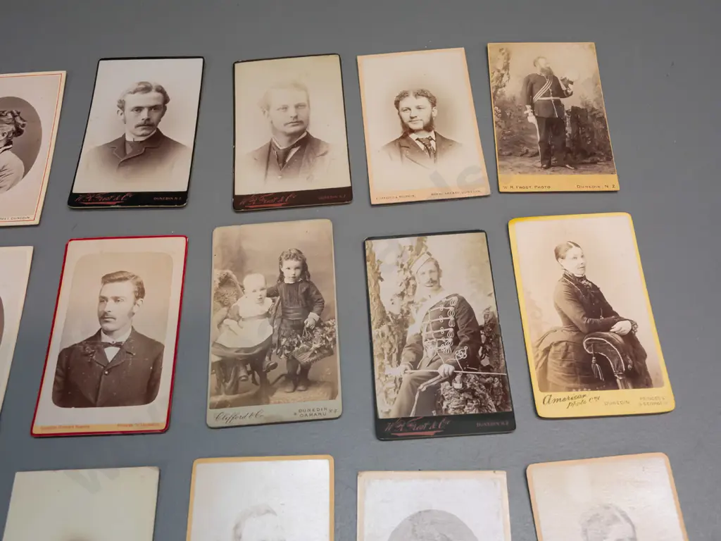 32 vintage small cartes de visite portrait photographs on card, all Dunedin studios - some wear and fading, each approx. Image 1++