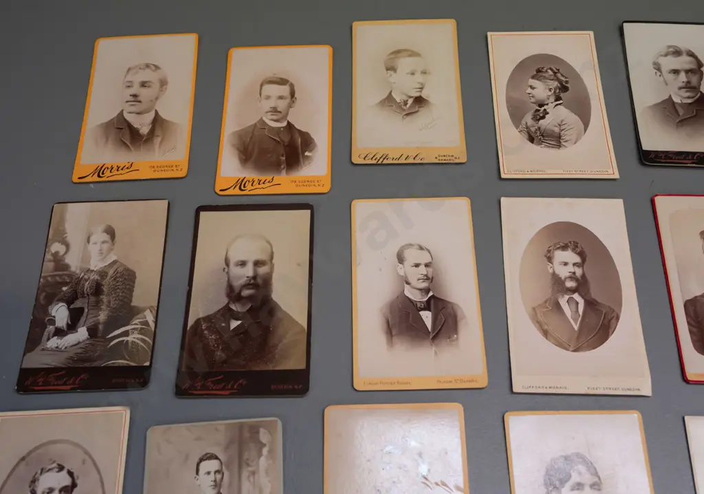 32 vintage small cartes de visite portrait photographs on card, all Dunedin studios - some wear and fading, each approx. Image 1++