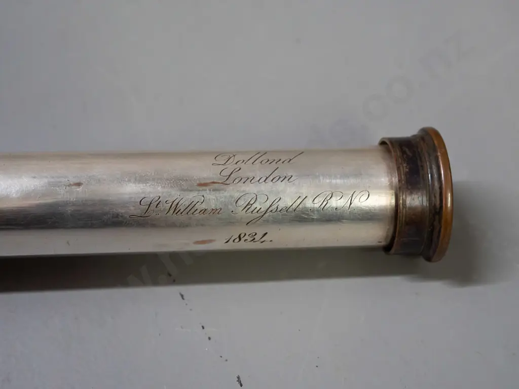 antique telescope with mahogany outer, brass eyepiece, silver plated copper inner sections, engraved Dollond London and Image 1++
