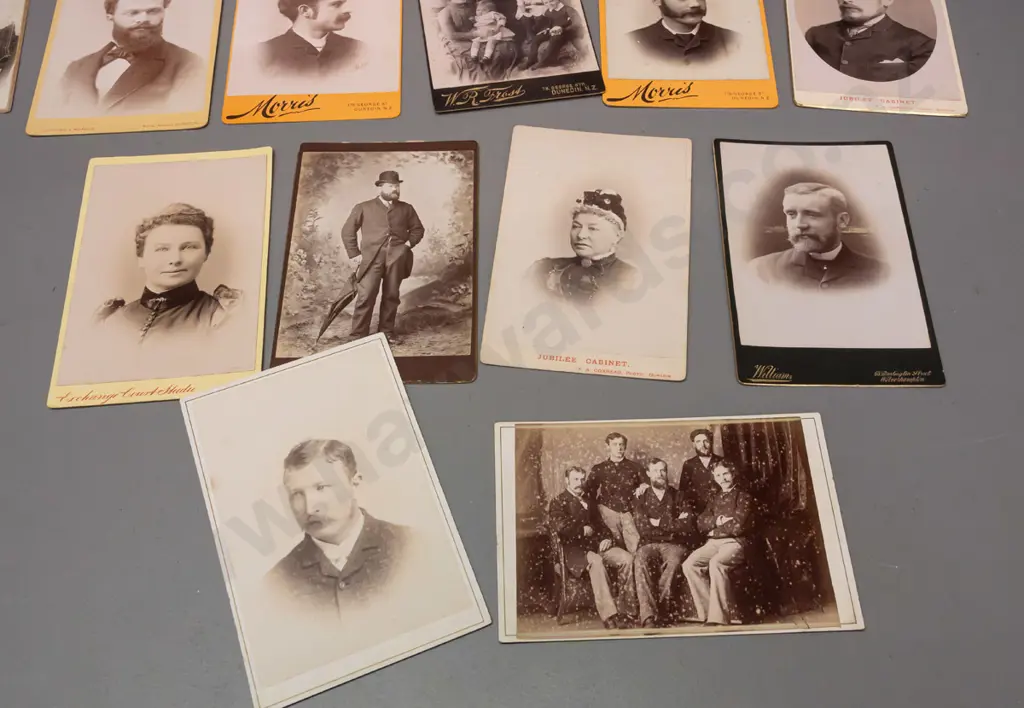 assorted large cartes de visite photographs, most are from Dunedin studios, one Wolverhampton - some have stickers Image 1++