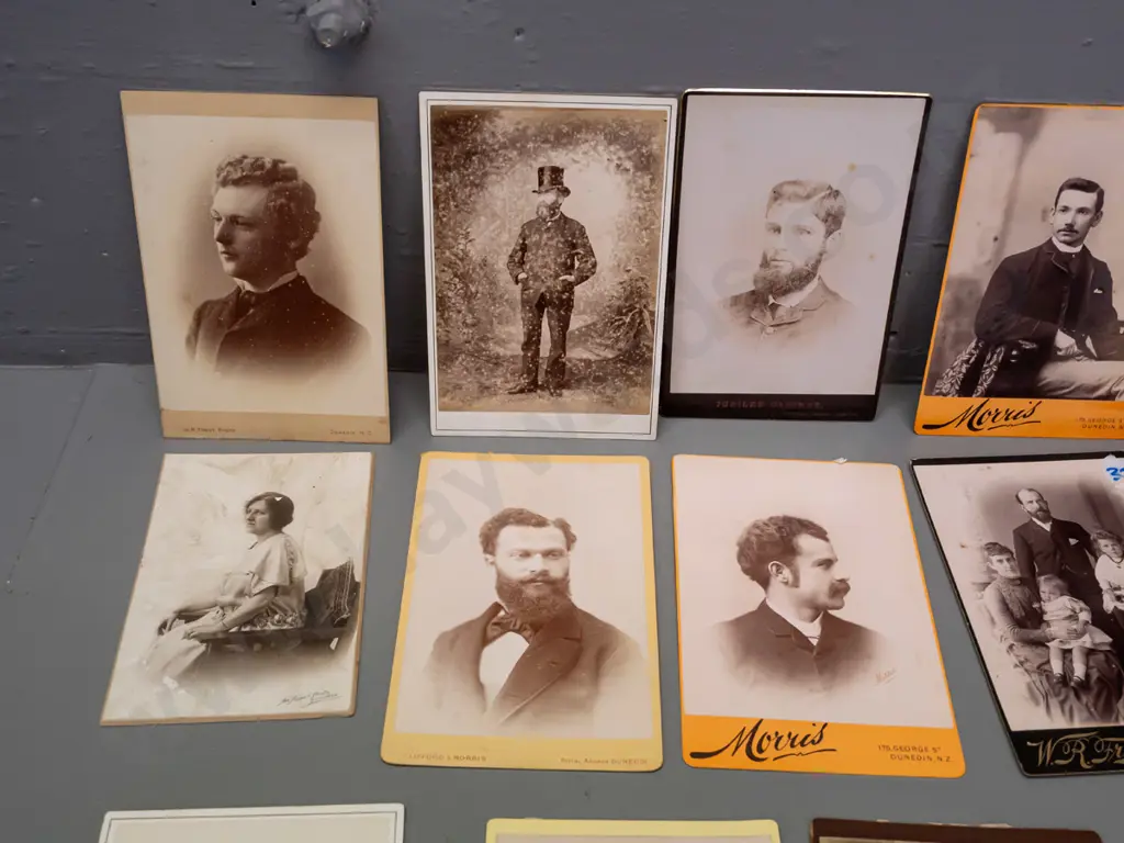 assorted large cartes de visite photographs, most are from Dunedin studios, one Wolverhampton - some have stickers Image 1++