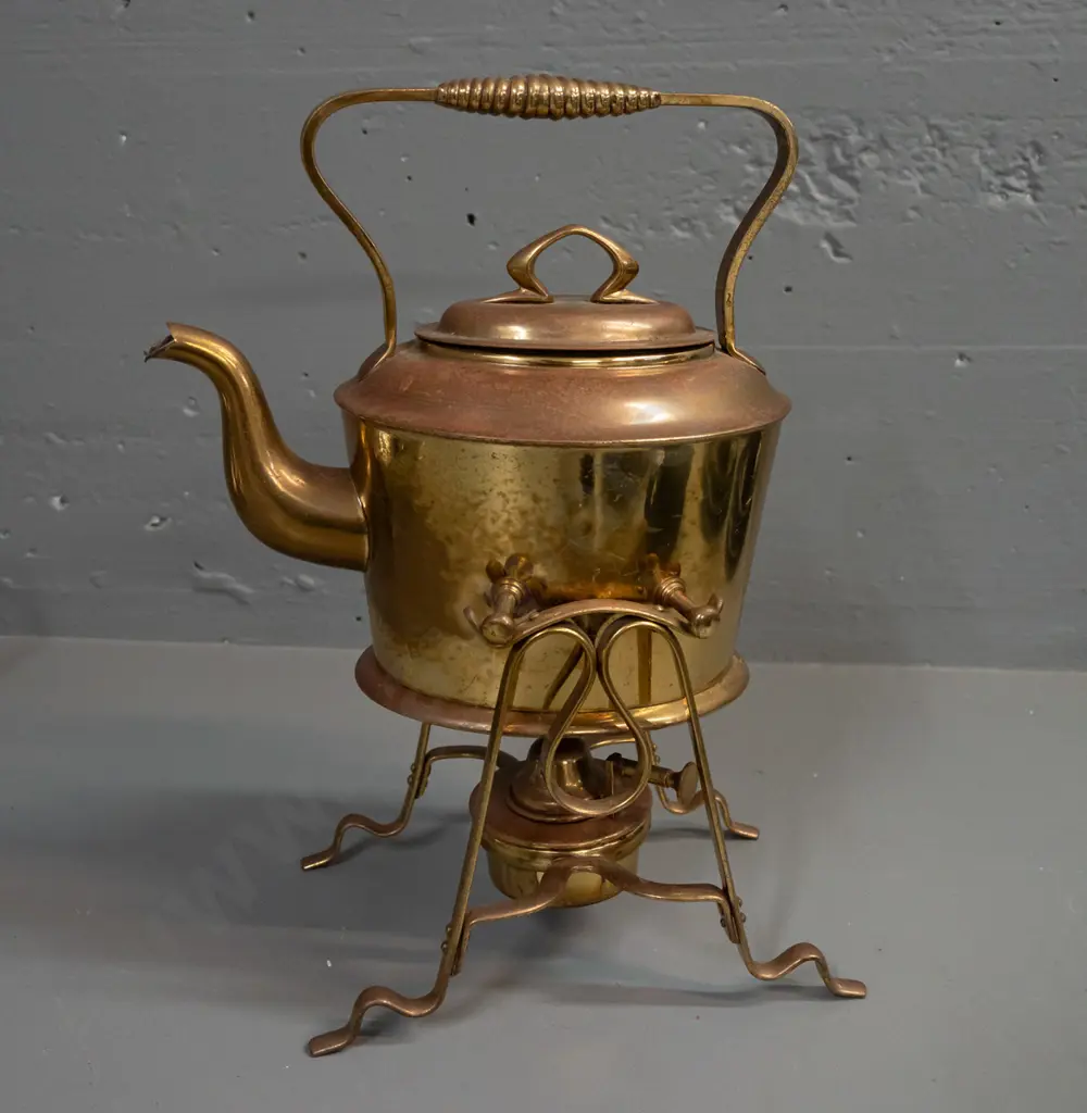 arts & crafts style brass spirit kettle - marked with GBN logo, "Muster" (and Gesetz Loesch?) - wear, pitting and Image 1++