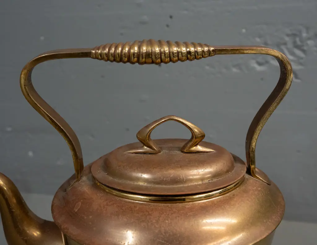 arts & crafts style brass spirit kettle - marked with GBN logo, "Muster" (and Gesetz Loesch?) - wear, pitting and Image 1++
