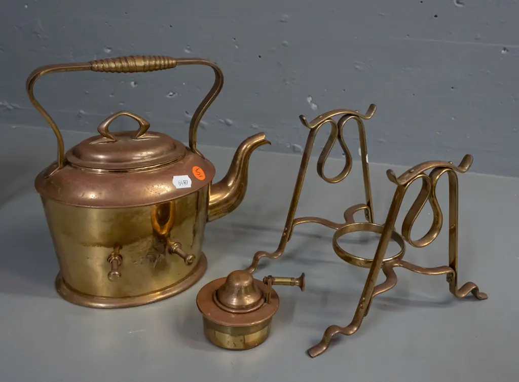 arts & crafts style brass spirit kettle - marked with GBN logo, "Muster" (and Gesetz Loesch?) - wear, pitting and Image 1++