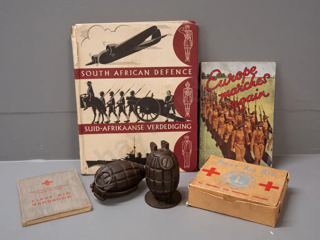 2 hand grenades, one marked JL & Co, mounted to base, no pin and the other with threaded base cap, Europe Marches Again Image 1++