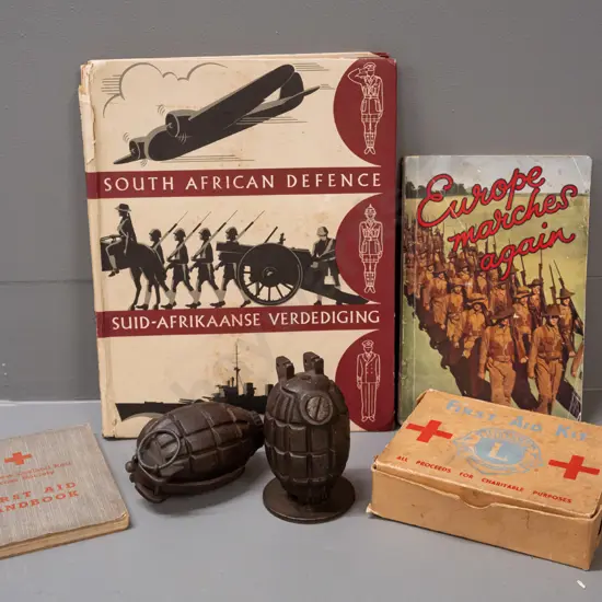 2 hand grenades, one marked JL & Co, mounted to base, no pin and the other with threaded base cap, Europe Marches Again