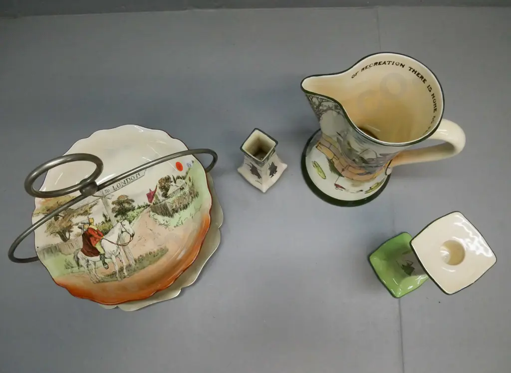 5x Royal Doulton: Gallant Fishers jug, 2x Isaac Walton candlestick & small vase, Sir Roger de Coverley bowl on plated Image 1++