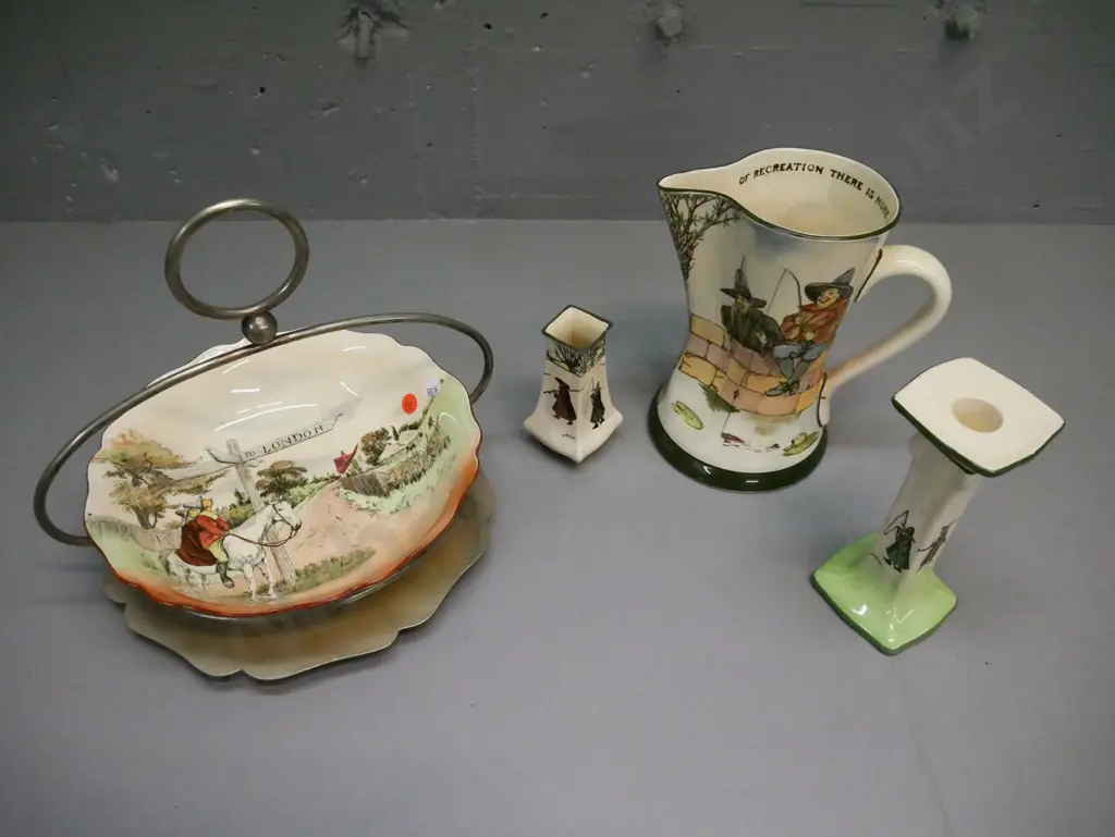 5x Royal Doulton: Gallant Fishers jug, 2x Isaac Walton candlestick & small vase, Sir Roger de Coverley bowl on plated Image 1++