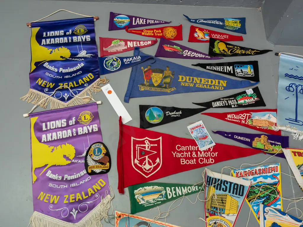 large collection of felt and fabric banners and badges - New Zealand and European, Akaroa Lions banners etc. - largest Image 1++