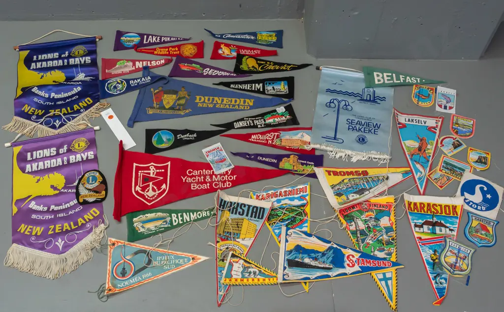 large collection of felt and fabric banners and badges - New Zealand and European, Akaroa Lions banners etc. - largest Image 1++