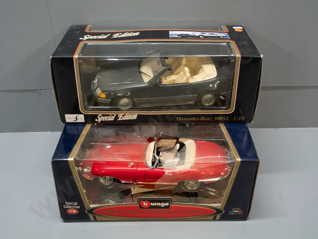 2 boxed 1:18 scale die-cast model vehicles - Burago Jaguar E Cabriolet and Maisto 1989 Mercedes Benz 500SL. Image 1++