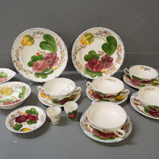 Simpsons Chanticleer / Belle Fiore table ware - 2 dinner plates, 5 soup bowls and saucers, 3 bowls,