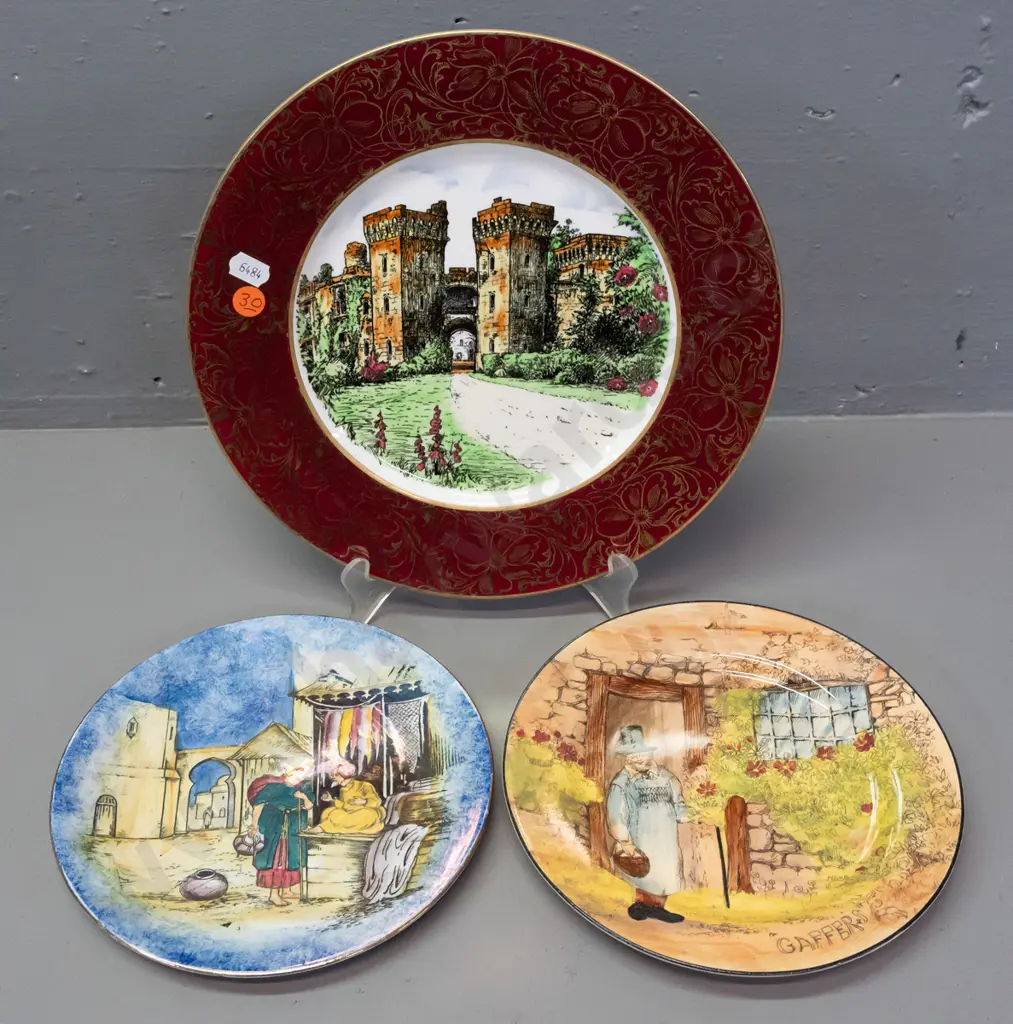 3 vintage display plates - Maddock & Sons Raglan Castle D-260, smaller Doulton Gaffers & Grimwades Glimpses of the East Image 1++