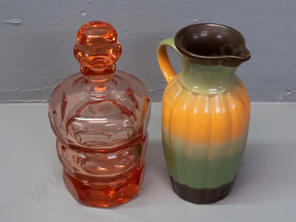 cranberry glass heavy geometric faceted and stoppered decanter - chip to stopper - and a Crown Lynn Phillipines 3-tone Image 1++