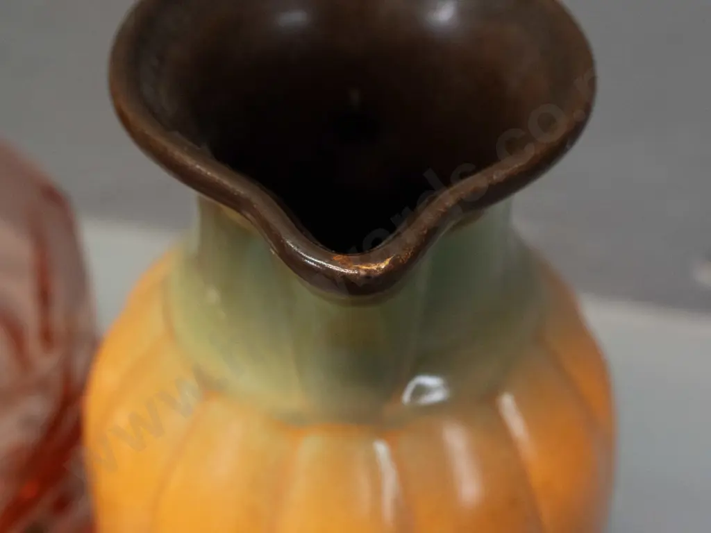 cranberry glass heavy geometric faceted and stoppered decanter - chip to stopper - and a Crown Lynn Phillipines 3-tone Image 1++