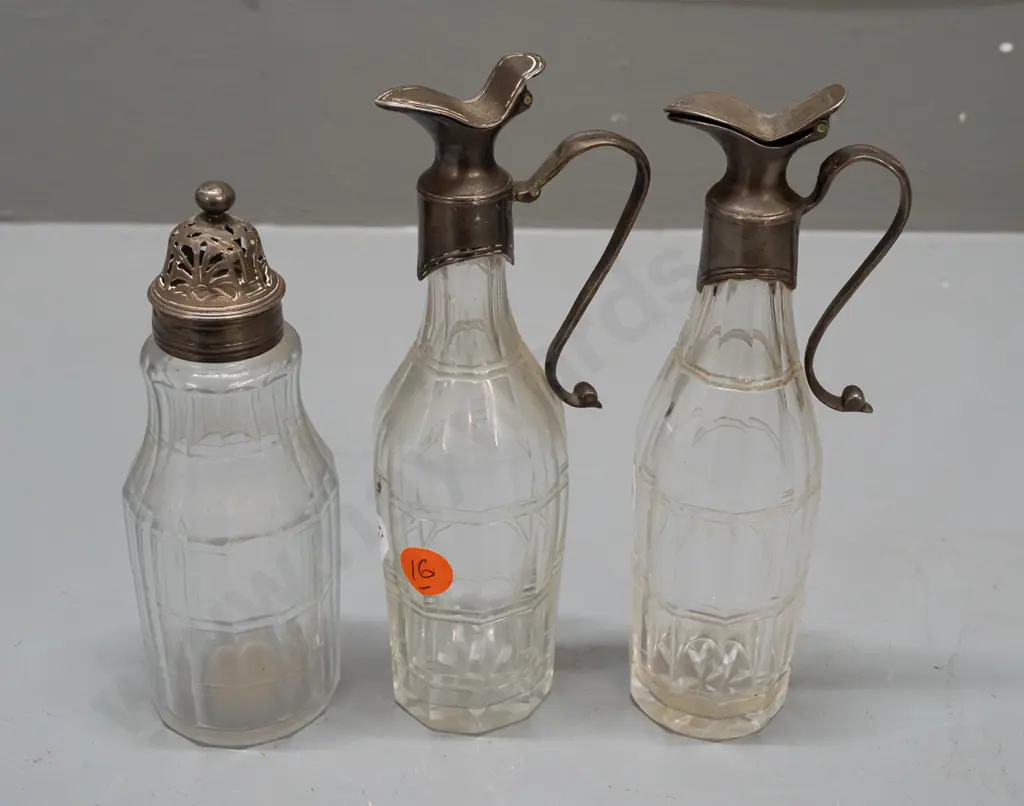 3 piece faceted sided glass condiment bottles. 2 jugs with hinged lids (lion stamp inside lids) & sugar H165 Image 1++