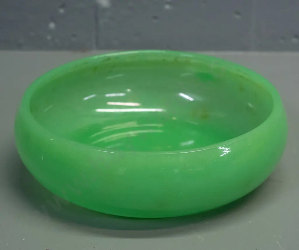 opaque green uranium glass float bowl - minor staining inside, scratches to underside of base. D-170 Image 1++