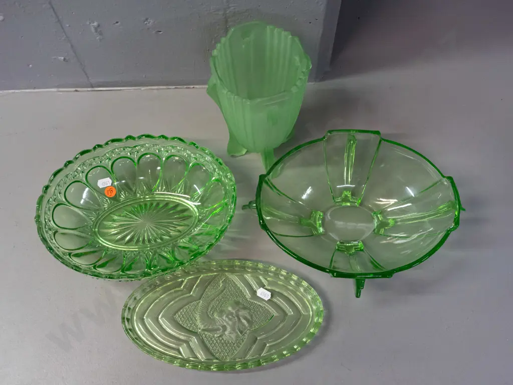 4 pieces of moulded green depression glass - footed frosted vase and deco footed bowl are are uranium glass, both have Image 1++