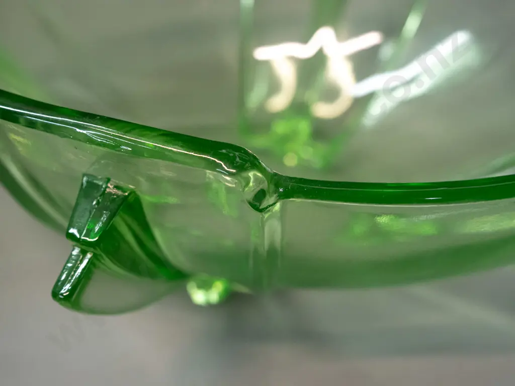 4 pieces of moulded green depression glass - footed frosted vase and deco footed bowl are are uranium glass, both have Image 1++